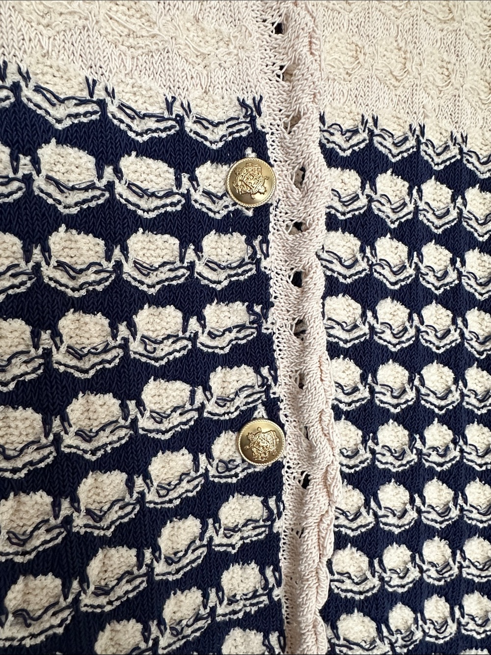 J. CREW Lady Jacket Cardigan Textured Crochet Navy Cream Coastal Sweater L - Picture 5 of 12